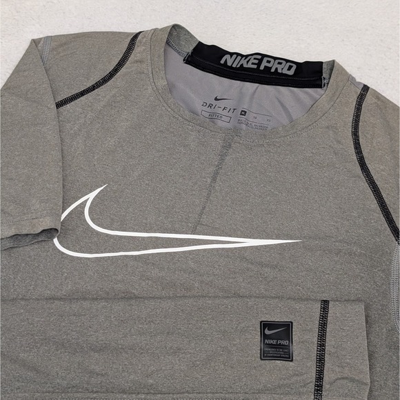 Nike Pro Fitted Dri Fit Shirt Gray Short Sleeve Mens XL Gym Big Swoosh - Picture 1 of 6